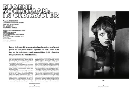 Magazine spread for 10 Magazine featuring text on the left and a black and white portrait of a model with sculpted dark hair on the right.