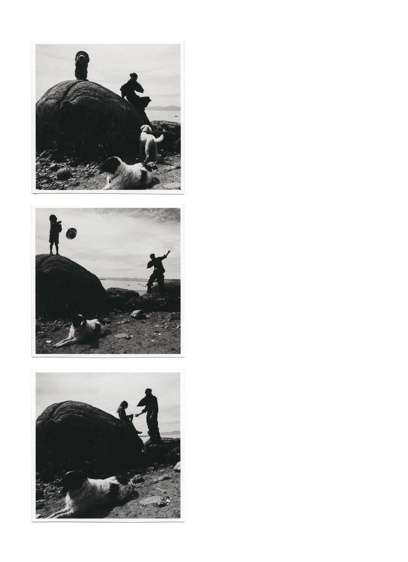 Black and white triptych showing children and adults playing on a beach, with a dog lying in the foreground of each scene.