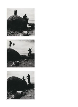 Black and white triptych showing children and adults playing on a beach, with a dog lying in the foreground of each scene.