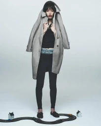 Model wearing a grey trench coat over shoulders and black trousers standing on a plain grey studio backdrop