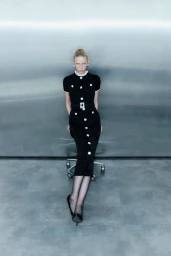Model in a black collared dress with white trim and crystal buttons seated on an office chair against a metallic wall.