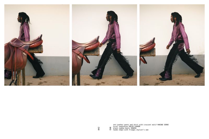 Three-panel fashion image of an adult male wearing a purple shirt and chaps with fringe walking near a horse saddle on a stand.