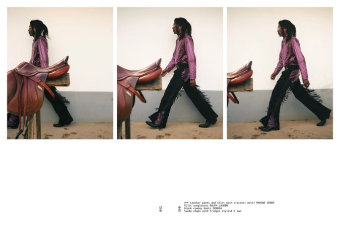 Three-panel fashion image of an adult male wearing a purple shirt and chaps with fringe walking near a horse saddle on a stand.