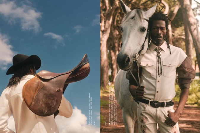 Split-screen: cowboy carrying saddle against blue sky; man with horse in woodland, stylish clothing. Fashion editorial with rural style.