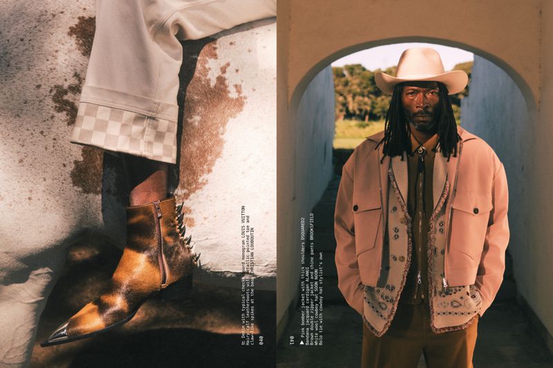 Fashion layout with a man in a cowboy hat and jacket in an arched doorway, and cowboy boots next to a checkered fabric background.