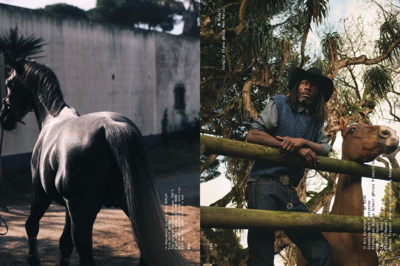 Two-panel image features a black horse in profile against a building, juxtaposed with a man in a cowboy hat alongside a tan horse.