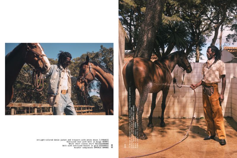 Two images featuring a man and horses outdoors, one image showing him between two horses and the other showing him washing one.