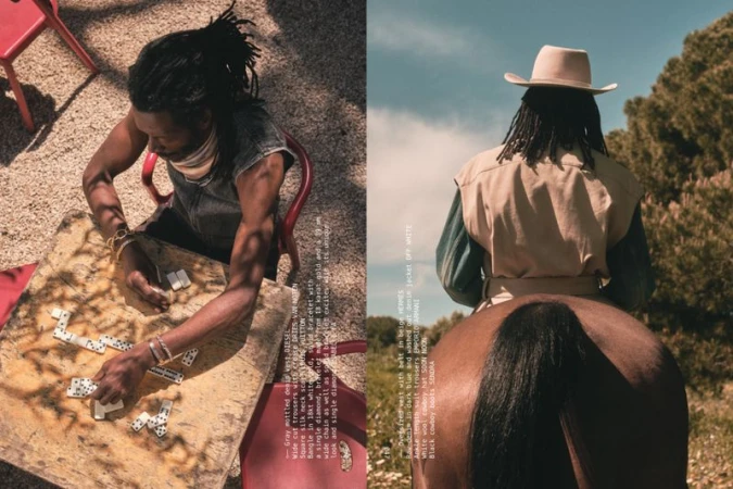 Split-screen image: man playing dominoes outside, wearing sleeveless top and jewelry, and person on horseback with cowboy hat.