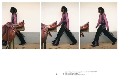 Three sequential frames of a man walking past a brown leather saddle against a white wall with a grey base
