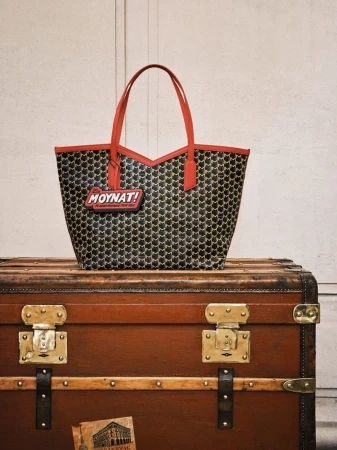 Black and tan patterned tote bag with red trim and handles and the 'Moynat!' logo, sitting on top of a brown antique steamer trunk.