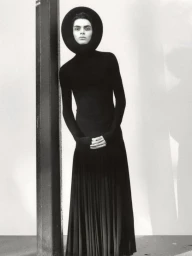 Model Noor Khan in a black long-sleeved dress and round hat standing beside a dark post for W Magazine.