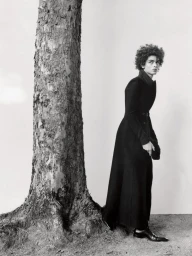 Model with curly hair wearing a long black coat standing beside a large textured tree trunk against a plain background