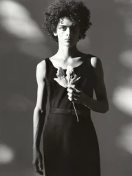Model Noor Khan with curly hair wearing a sleeveless black belted dress and holding a dried flower in black and white.