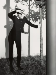 Model Noor Khan wearing a dark buttoned jacket with a white collar, posing by a slender tree against a sunlit wall in black and white.