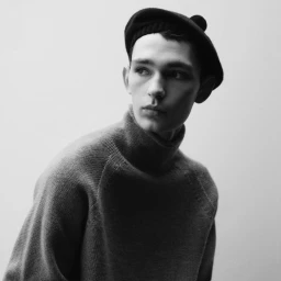 Portrait of a model wearing a turtleneck sweater and dark beret against a seamless white studio background