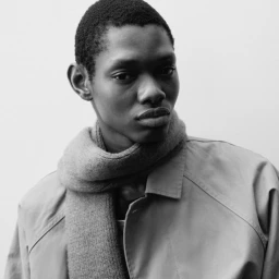 Black male model wearing a knit scarf and jacket against a light background for Margaret Howell