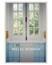 Interior shot featuring a white window with pane glass over a radiator and blue tiled wall with overlaid text reading WALES BONNER.