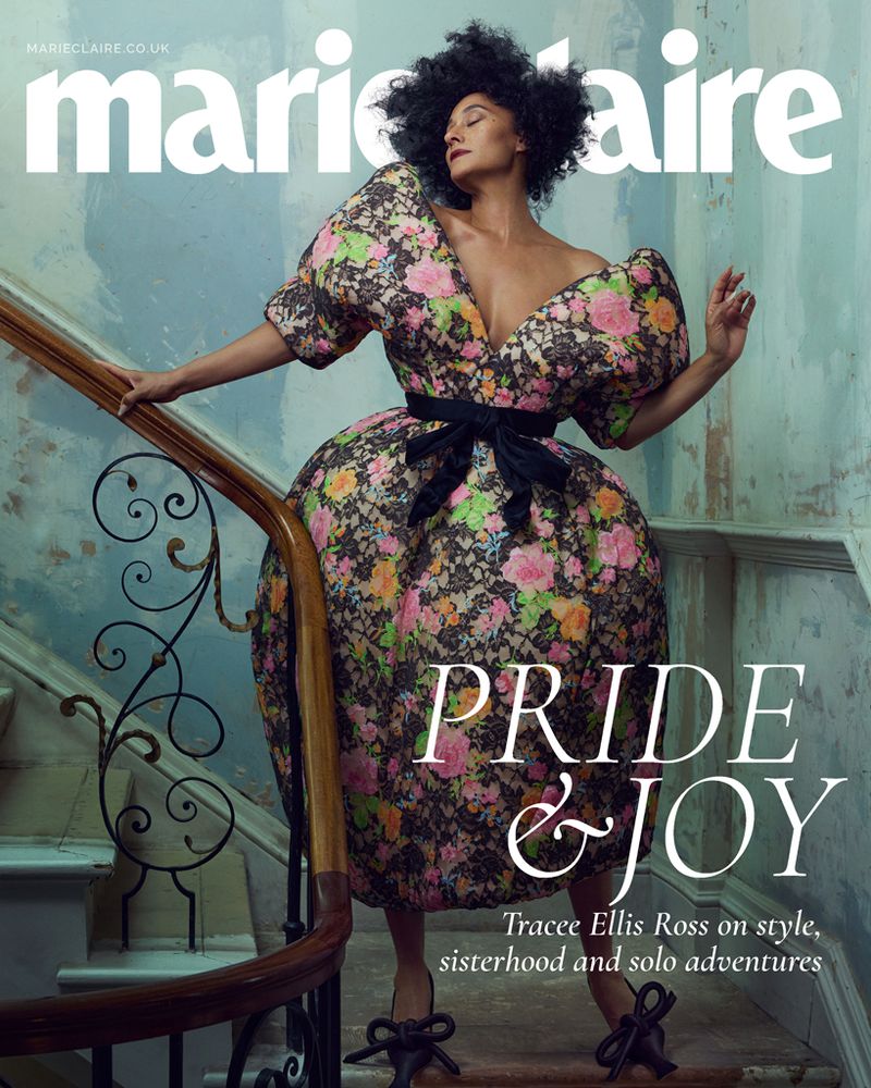 Magazine cover featuring Tracee Ellis Ross in a floral dress, posing on stairs, with 'Marie Claire' and 'Pride & Joy' text overlays.