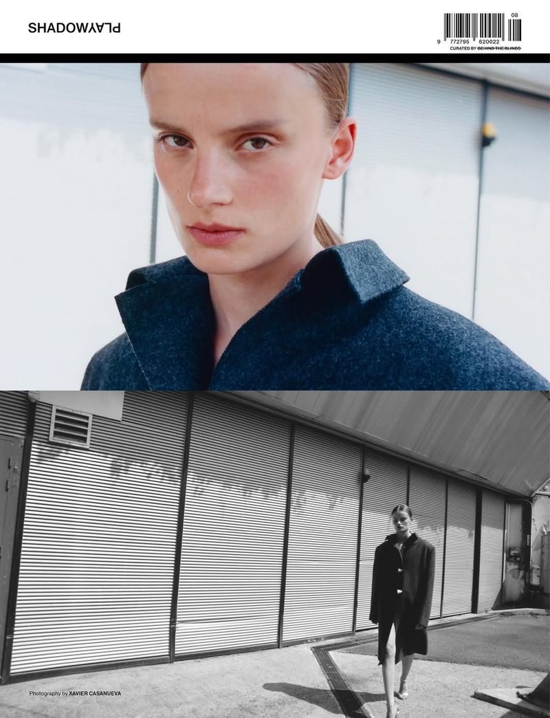 Fashion editorial shot of a fair-skinned woman in a blue coat, contrasted with a black-and-white scene of a woman in a coat outdoors.