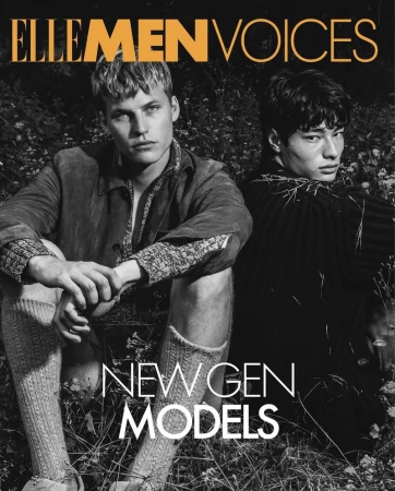 Two male models seated outdoors amongst tall grass, featured on an Elle Men Thailand magazine cover with typography overlay.