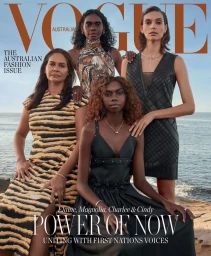 Four women posing outdoors by the ocean for a Vogue Australia magazine cover titled Power of Now