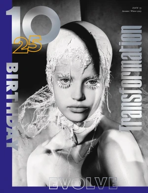 Model with textured white headwear and long white eyelashes in black and white editorial magazine cover for 10 Magazine