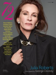 Julia Roberts wearing a dark blazer and statement jewellery against a plain grey backdrop for 72 Magazine fall issue