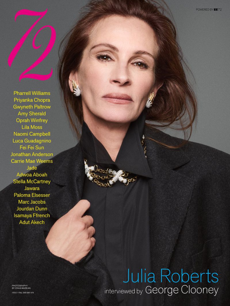 Julia Roberts on magazine cover. Portrait of adult woman with auburn hair wearing a black coat and jeweled necklace, interviewed by George Clooney.