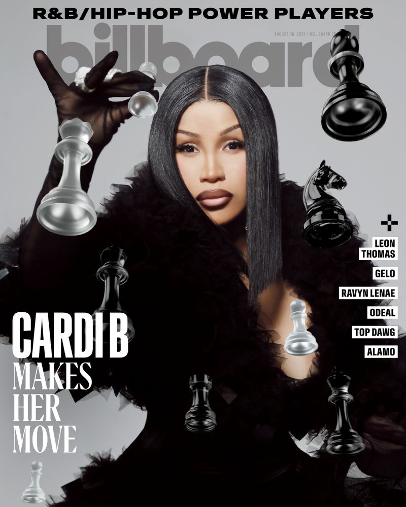 Magazine cover featuring Cardi B wearing dark clothing, surrounded by chess pieces, promoting R&B and hip-hop power players.