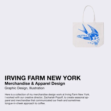 White tote bag with a blue graphic design featuring a bird carrying a coffee cup, showcasing merchandise and apparel design.