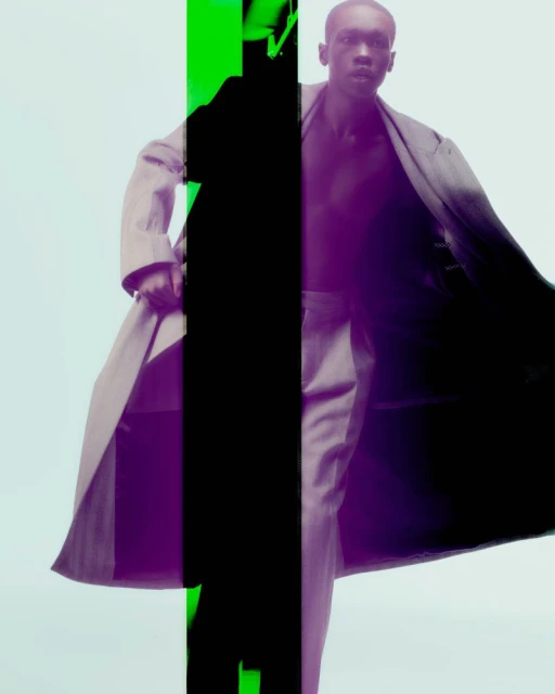 Bald Black male model wearing a tan trench coat and grey pants poses in a studio setting with graphic overlays in green, black, and purple.