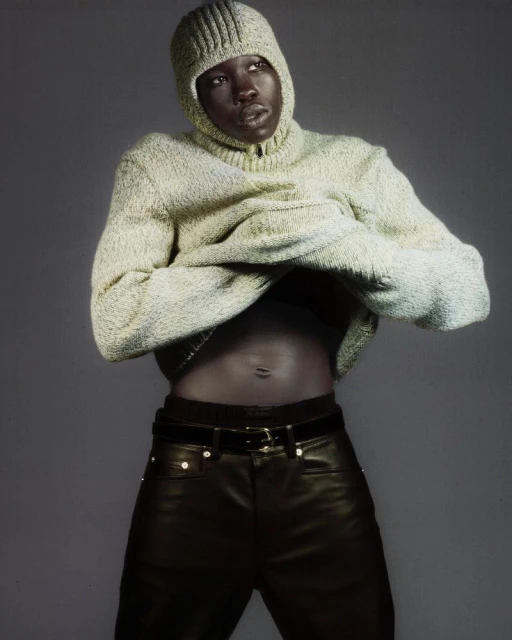 Fashionable dark-skinned model in a textured balaclava and sweater partially lifts the sweater to reveal their stomach in a studio setting.