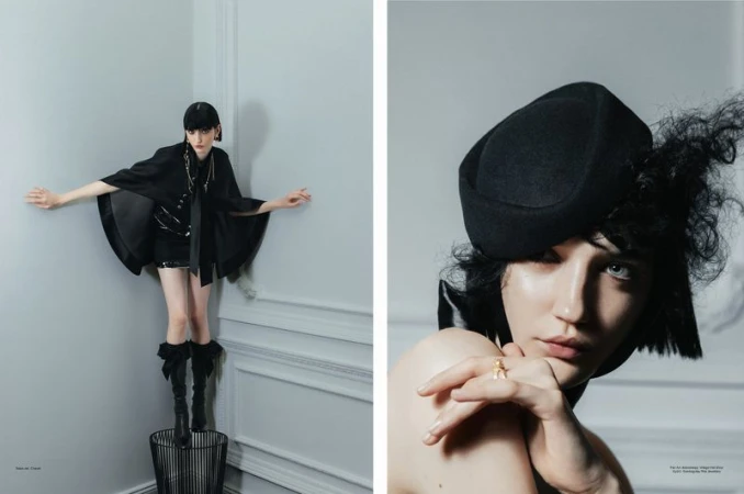 Editorial fashion shot of a woman in black hat and clothing, posed indoors with hands out, and a close-up headshot on the right side.