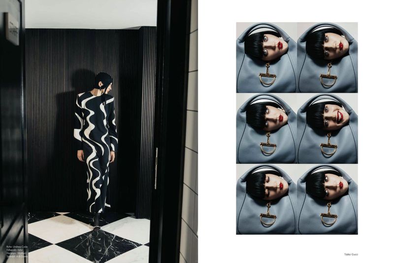Fashion editorial shot featuring a woman in a black-and-white patterned jumpsuit, alongside a surreal image of a woman in a handbag.