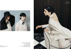 Fashion editorial spread of a model in an ivory blazer on a modern chair alongside portraits in an oversized black hat and lace shirt.