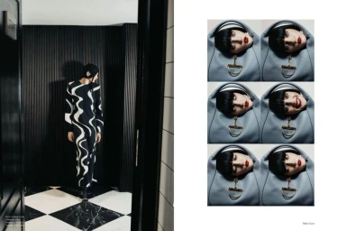 Editorial spread featuring a model in a black and white patterned dress and a multi-panel composition with a woman's face framed in blue handbags.