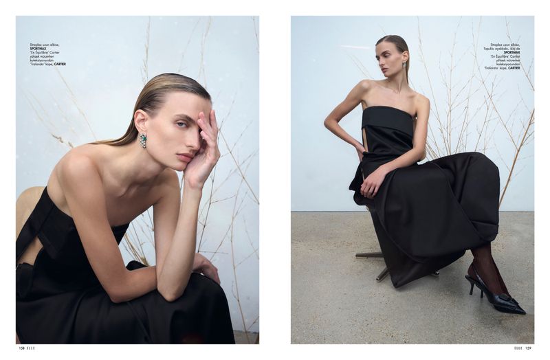 Fashion editorial featuring a model in a black dress and sculptural earrings, styled against a minimalist backdrop with natural branches.