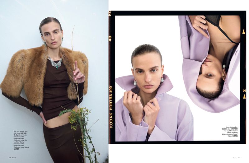 Fashion editorial shot of a woman in brown top and fur jacket holding branch, with a frame of woman in lavender jacket.