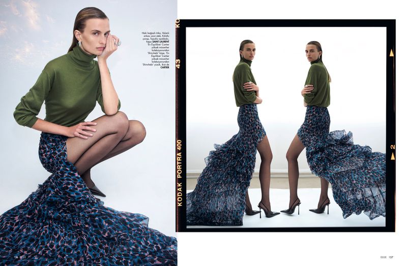 Fashion editorial shot featuring a woman in an olive turtleneck and patterned skirt, crouching indoors, contrasted with another version in negative.