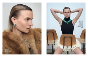 Model Veronika Vilim in a brown fur coat and statement jewellery in a two-panel editorial spread for Elle Türkiye.