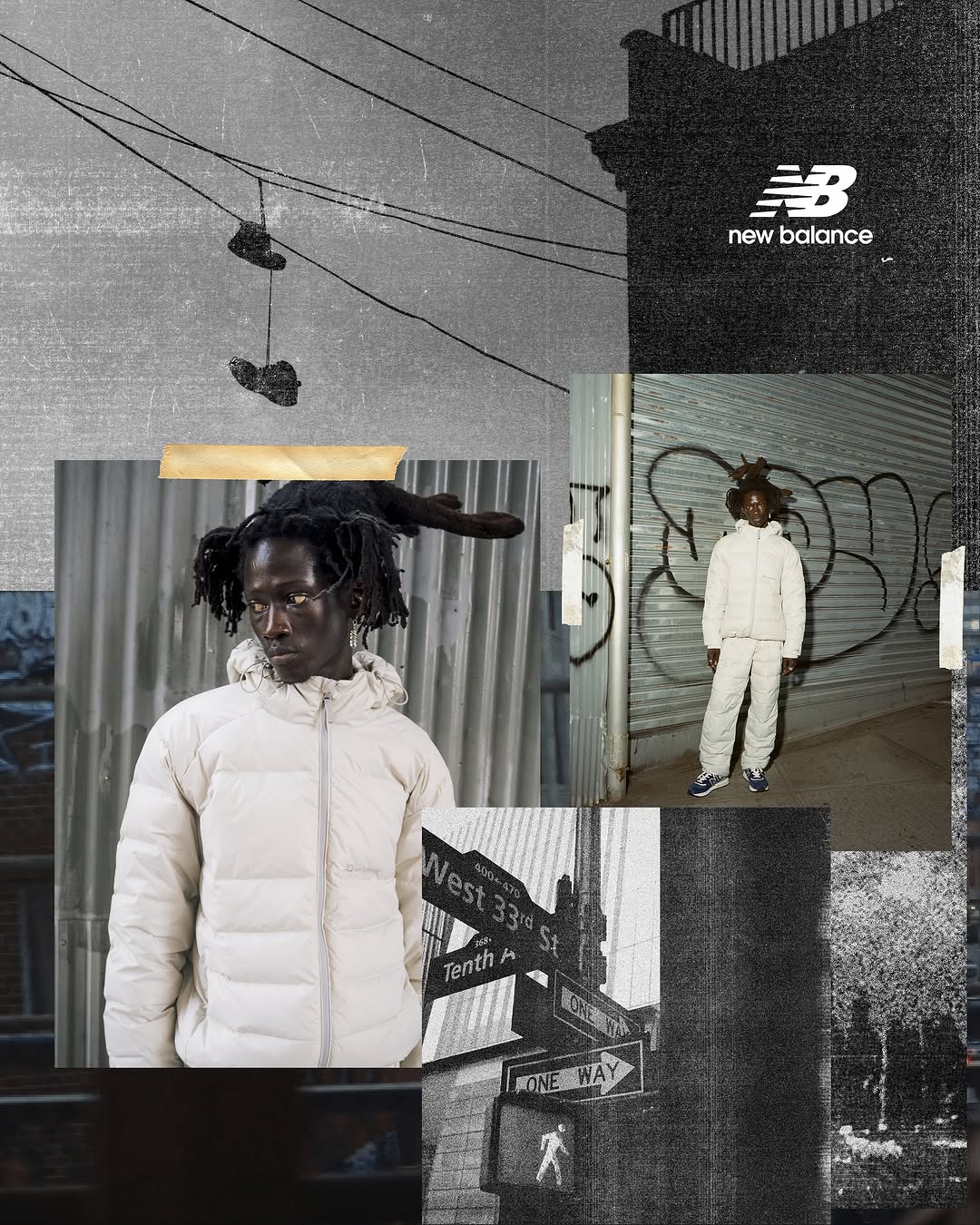 Collage with a male model wearing a puffer jacket, juxtaposed with urban street scenes and a New Balance logo, in a muted color palette.