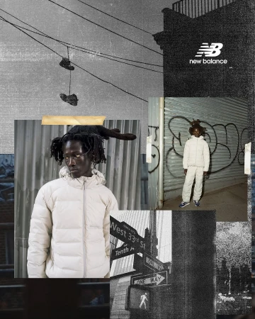 Collage with a male model wearing a puffer jacket, juxtaposed with urban street scenes and a New Balance logo, in a muted color palette.