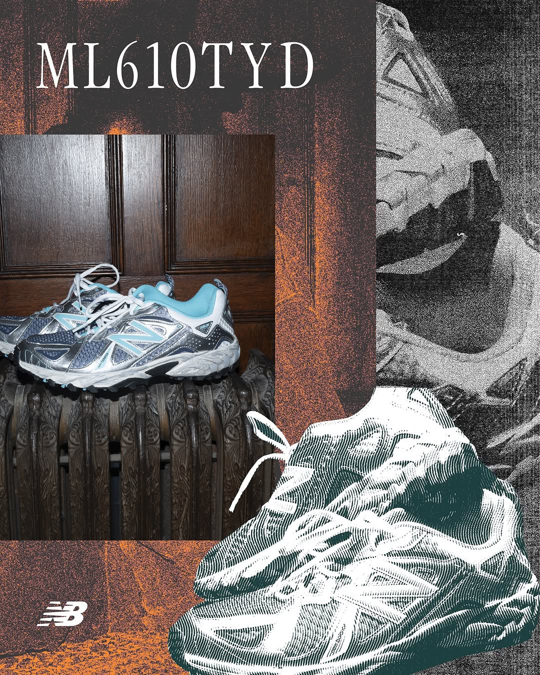 New Balance ML610TYD sneakers on a radiator against a dark wood paneled door and a digitally altered background with orange tones.