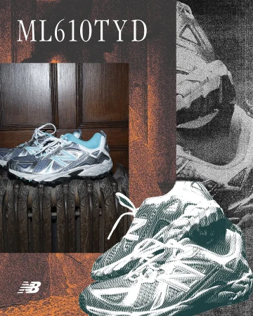 New Balance ML610TYD sneakers on a radiator against a dark wood paneled door and a digitally altered background with orange tones.