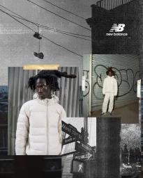 Collage style fashion campaign image featuring a black man wearing a white puffer jacket for New Balance 610V1