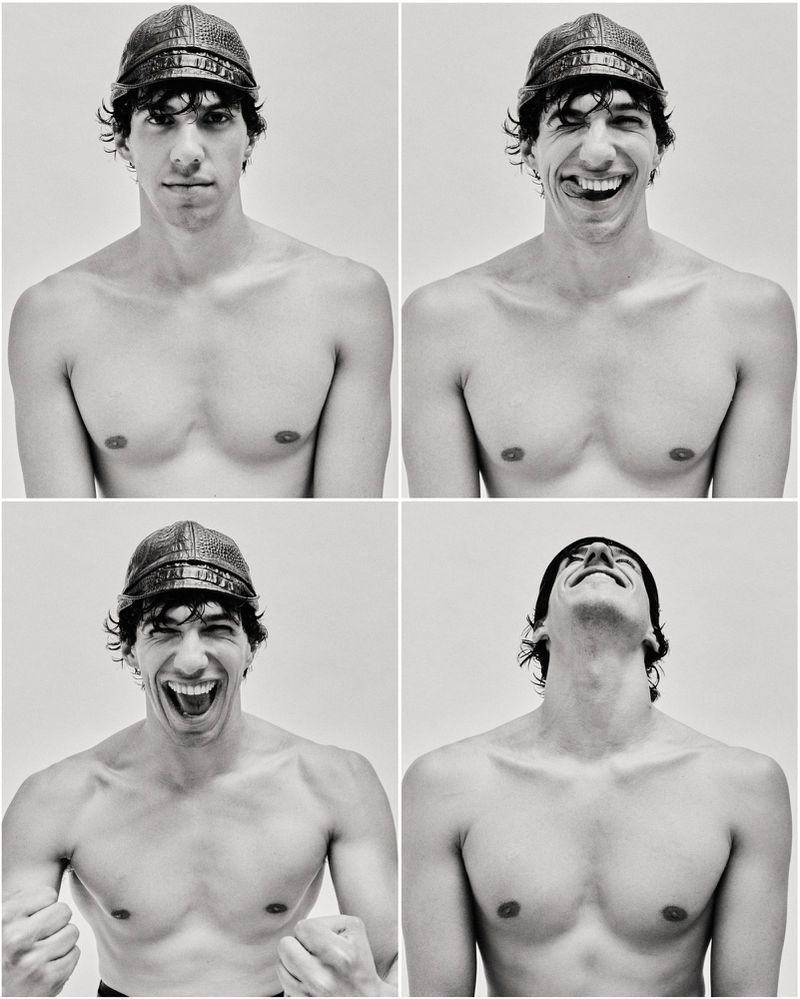 Black and white portrait collage of a shirtless man in a textured cap making expressive faces against a neutral background in a studio.
