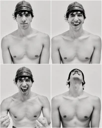 Four-panel black and white portrait of shirtless man wearing a textured cap with various candid facial expressions.