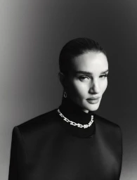 Portrait of Rosie Huntington Whiteley wearing a black turtleneck and silver chain necklace against a grey gradient backdrop