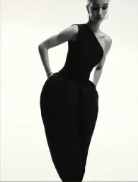 Model Rosie Huntington-Whiteley posing in a black one-shoulder sculptural jumpsuit against a bright white background.