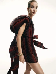 Model Rosie Huntington Whiteley wearing a patterned red and black dress against a white background